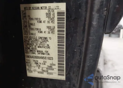 2004 Nissan Titan Se z USA, uszkodzony, nr VIN 1N6AA06B84N561823